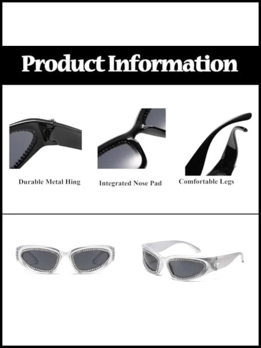 Y2K Rhinestone Wrap Around Sunglasses Oval Bling Punk Shield Shades UV400
